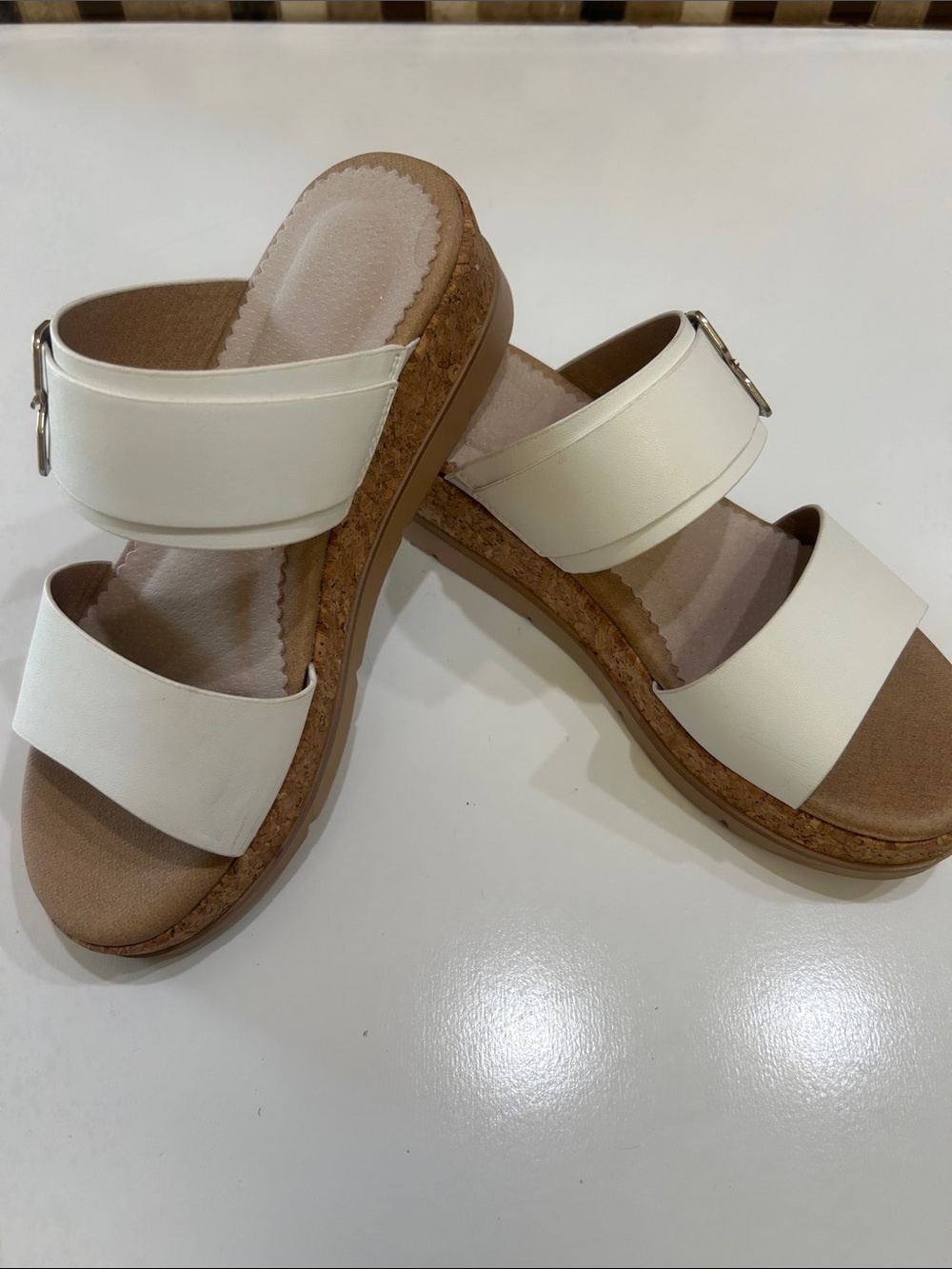 Dr Scholl’s Women’s Cream Double-Strap Cork Wedge Slide Sandals